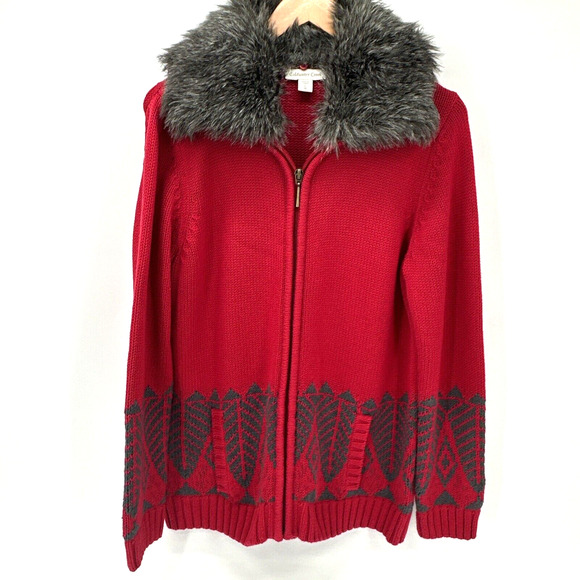 Coldwater Creek Sweater Womens Large Knit Cardigan Red Faux Fur Collar Full Zip - Picture 1 of 9